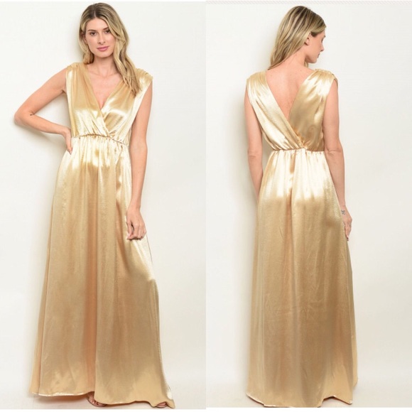 Gold Sleeveless Plunge Neckline Satin Dress S-M-L - Picture 2 of 4